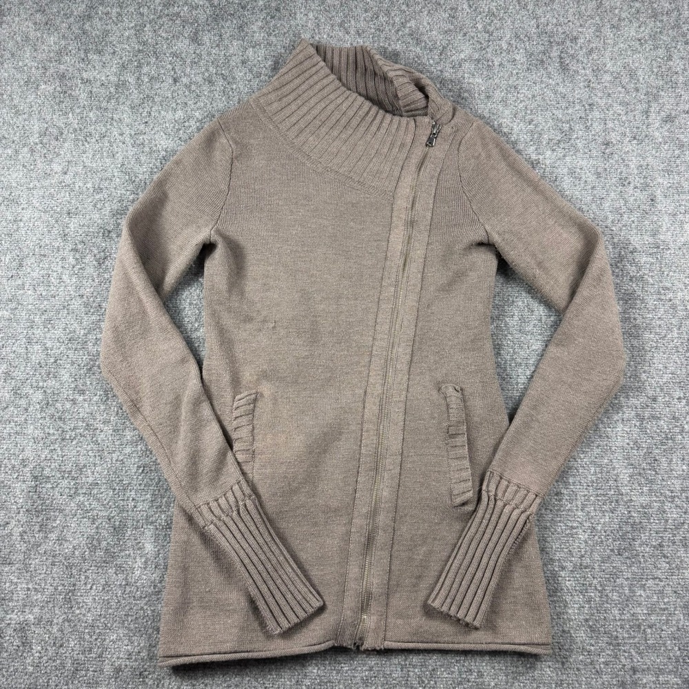 Athleta Zip Cardigan Womens S Brown Wool Blend Moto Asymmetrical Mock Neck